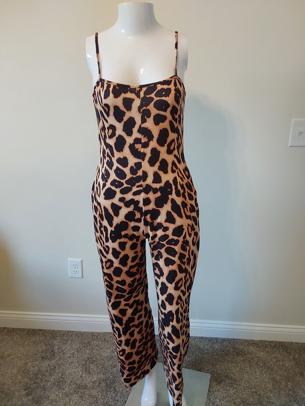 Animal Print Spaghetti Strap Jumpsuit - Brown Leopard